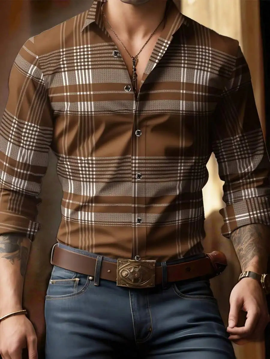 Men's Long Sleeve Plaid Shirt, Classic Fit, Button-Down Collar, All-Season Casual & Business Wear
