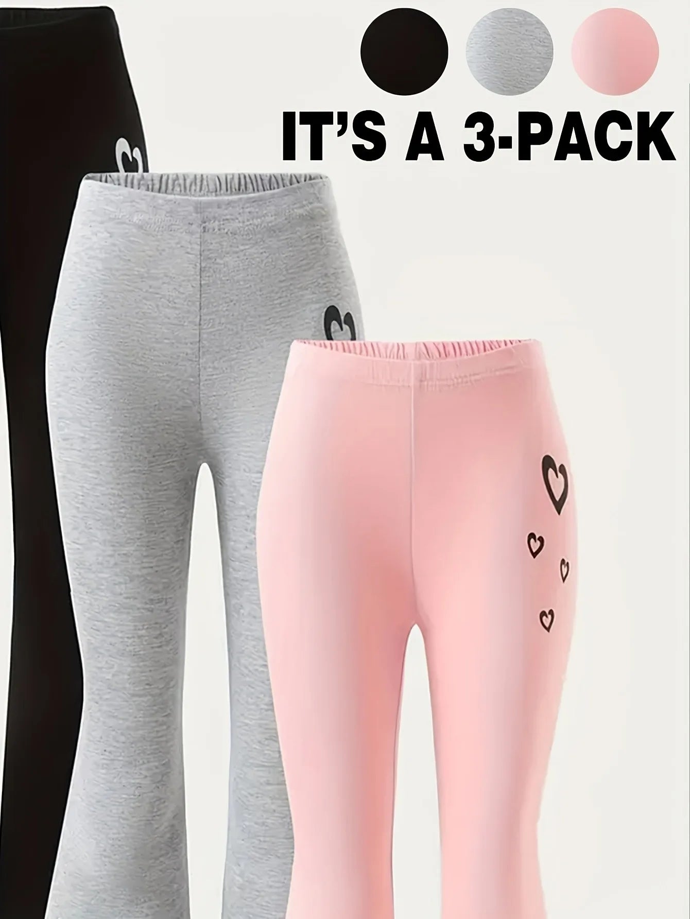 Kids Girls 3 Pack Glitter Heart Print Elastic Waist Flare Pants Casual Daily School Wear Bell Bottoms