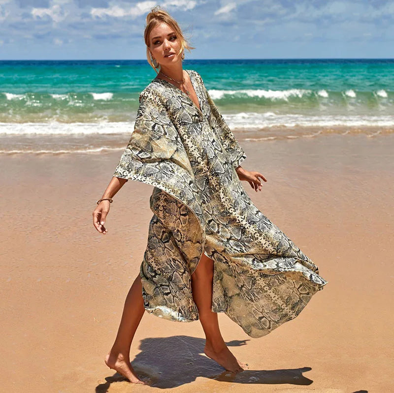 Plus Size Womens Animal Print Kaftan Dresses Caftans Swimwear Coverups Summer Bathing Suit Long Beach Dress