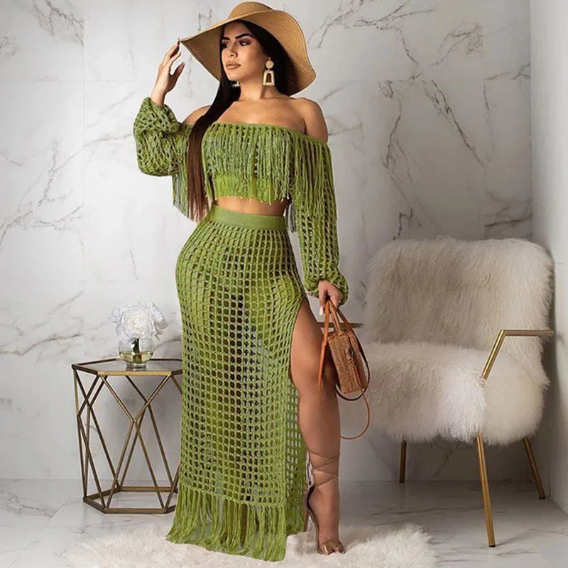 Fringed Tassel 2 Piece Sets Women Outfit Beach Wear Vacation Knitted Crochet Hollow Out See Through Crop Top and Long Skirt Sets
