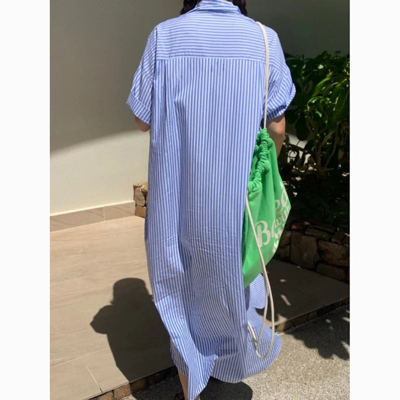 New Stripe Plus Size Loose Casual Shirt Dress Women Short Sleeve Button Up Summer Dress Office Lady Elegant Fashion Long Dresses