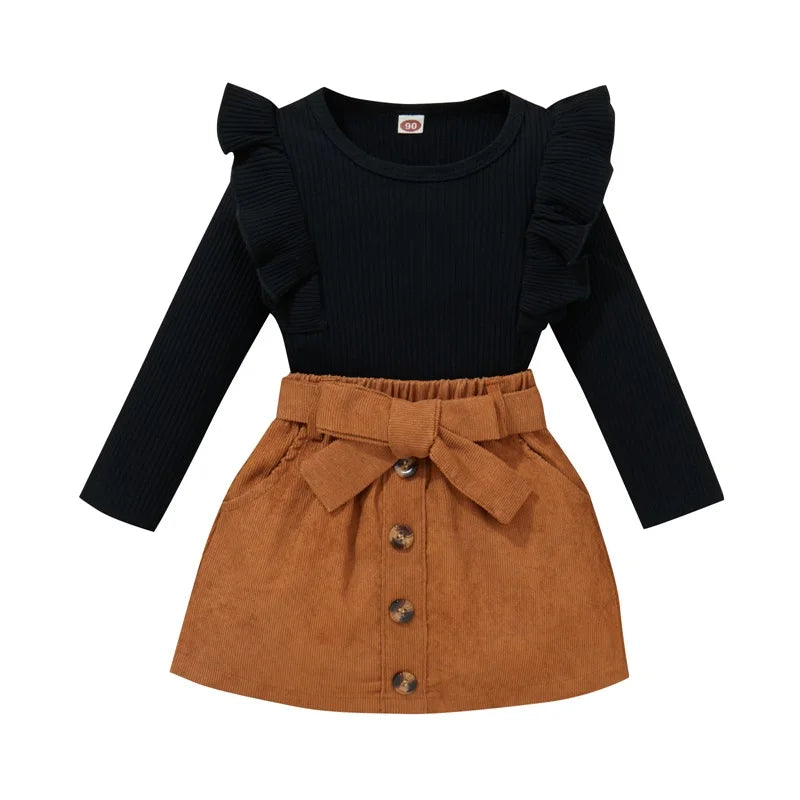 1-8Y Kids Girls Autumn Clothes Set Baby Solid Color Long Sleeve Ruffle Ribbed Knit Tops + Belted Mini Skirts Children Outfits