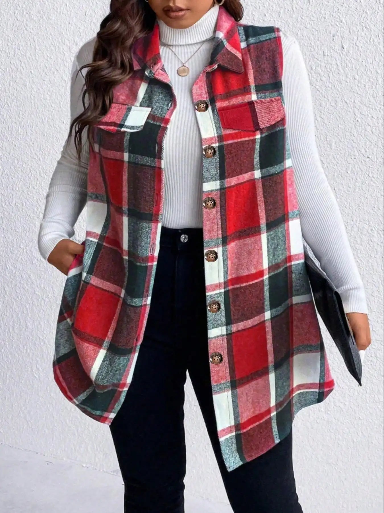 Women Plus Size 1XL-5XL Plaid Print Flap Detail Sleeveless Coat Ladies Fashion Sleeveless Thick Thermal Vest Women Outwear