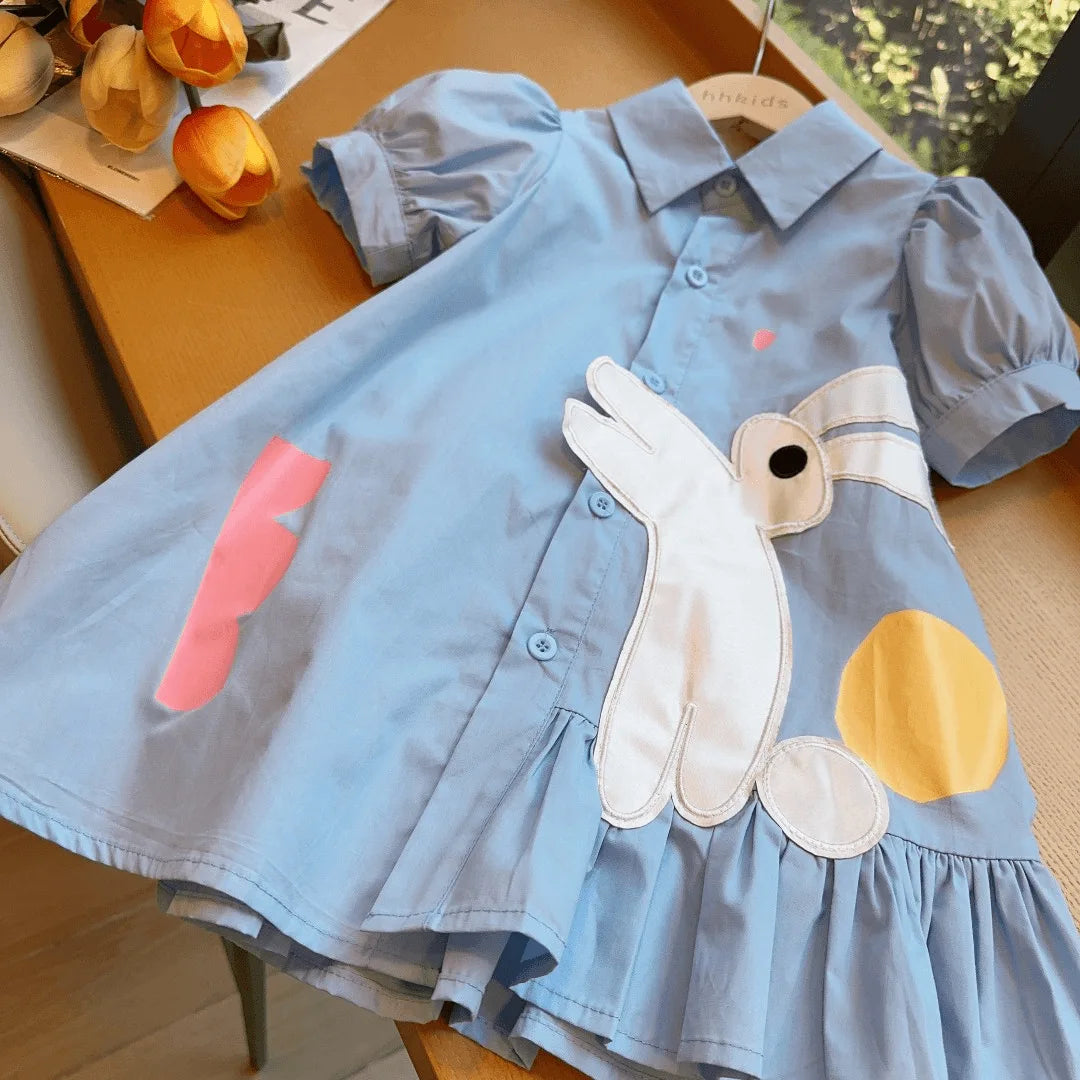 New Arrivals Girls' Dress Summer Fashion Kids' Turn-down Collar Puff Sleeve Dress Cute Rabbit Cotton Princess Dress Casual Style