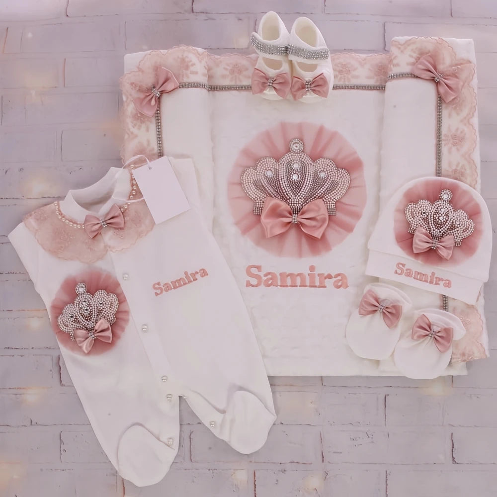 Baby Girl Boy Princess Prince Hospital Exit Newborn Bling Outfits Baby Bottles Gift Set Baby Shower Gift 5pcs Crown Romper