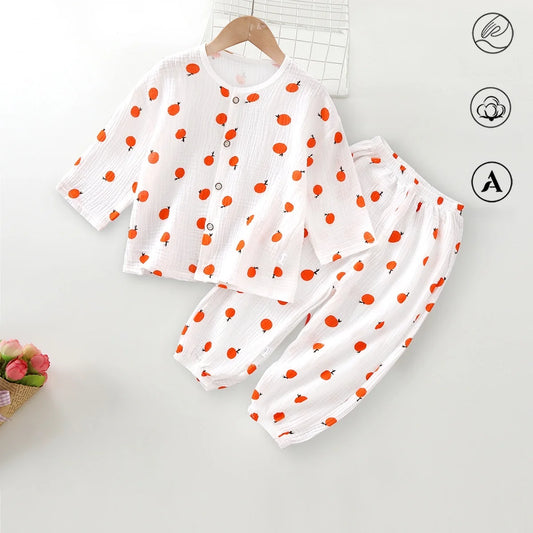 Spring Kids Cotton Gauze Pajamas Set 2-9Y Long Sleeve Soft Anti mosquito Loungewear Skin friendly Boys Girls Indoor Clothing