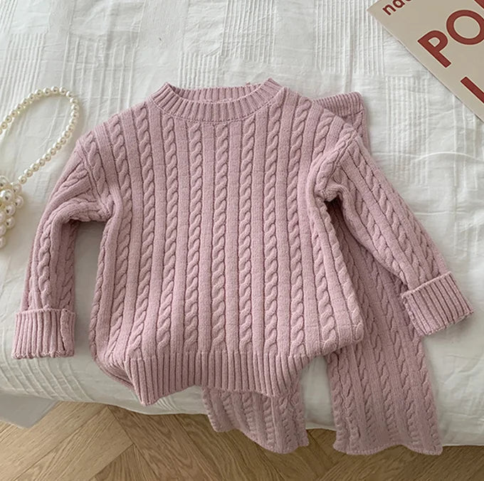 2025 Autumn Spring Korean Style Kids Knitted Clothing Set Long Sleeved Solid Color Knitted Pullover+Pants Baby Girl Clothes Suit