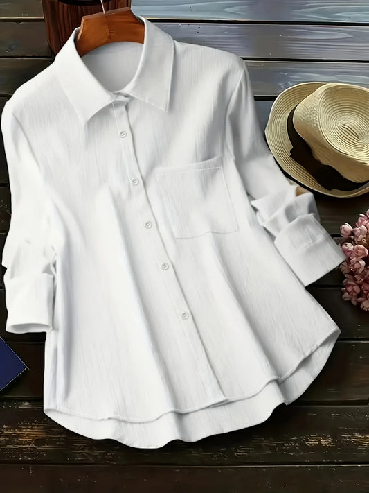 Plus Size Women Cotton Linen Button Down Shirts Long Sleeve Lapel Shirt Tops Solid Color Loose Casual Tops