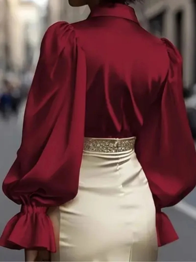 Elegant Satin Blouse with Ruffled Cuff Sleeves and Button-Down Collar - Chic Office & Casual Wear Top