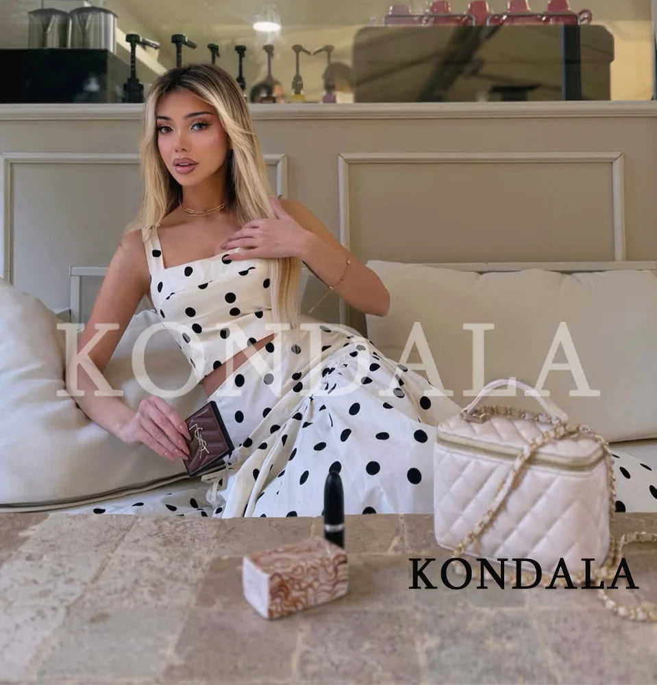 KONDALA Trendy Elegant Polka Dot Skirt Set Women High Street Holiday Short Tops, Midi Skirt 2026 Summer Fashion Casual Skirt Set