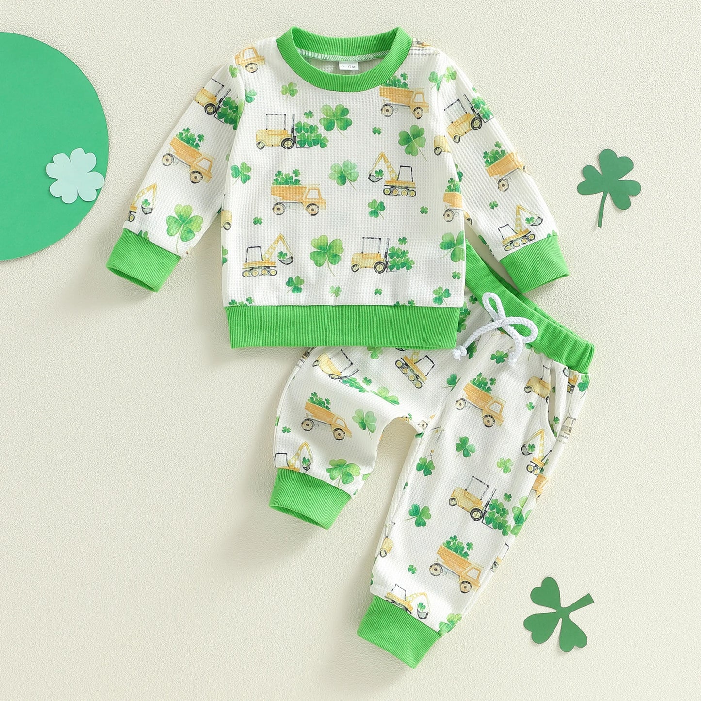 Baby Boys Pants Set, Excavator Shamrock Print Long Sleeve Sweatshirt with Sweatpants Infant Clothes