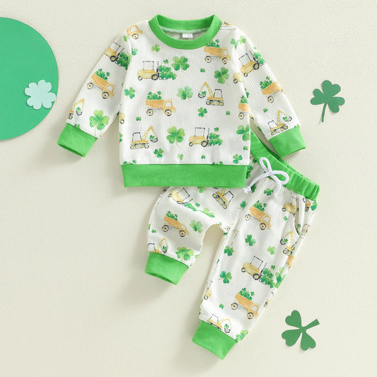 Baby Boys Pants Set, Excavator Shamrock Print Long Sleeve Sweatshirt with Sweatpants Infant Clothes