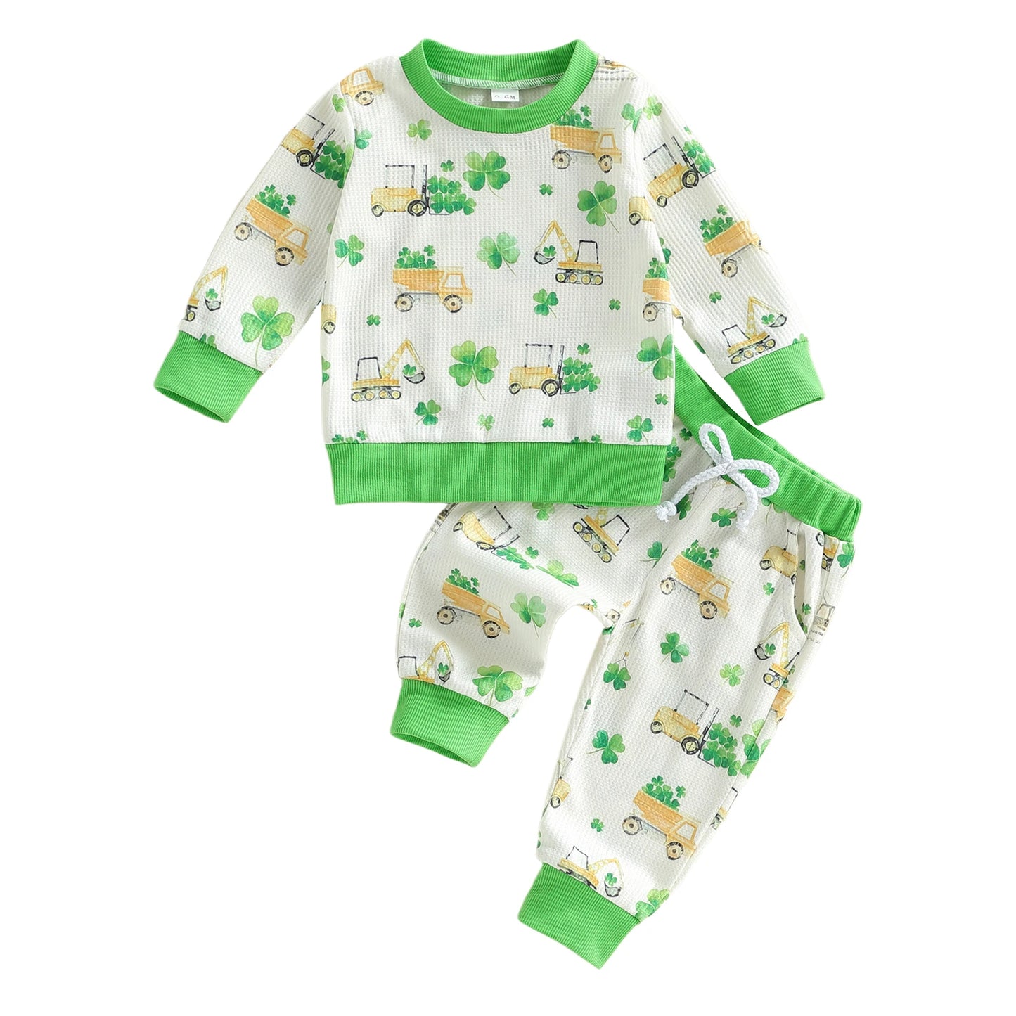 Baby Boys Pants Set, Excavator Shamrock Print Long Sleeve Sweatshirt with Sweatpants Infant Clothes