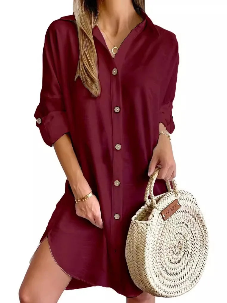 Women's Long Sve Collar Button up irt Dr High Waist Skirt Sle Casual Faion Polyester Fabric Iron Free Summer Dr