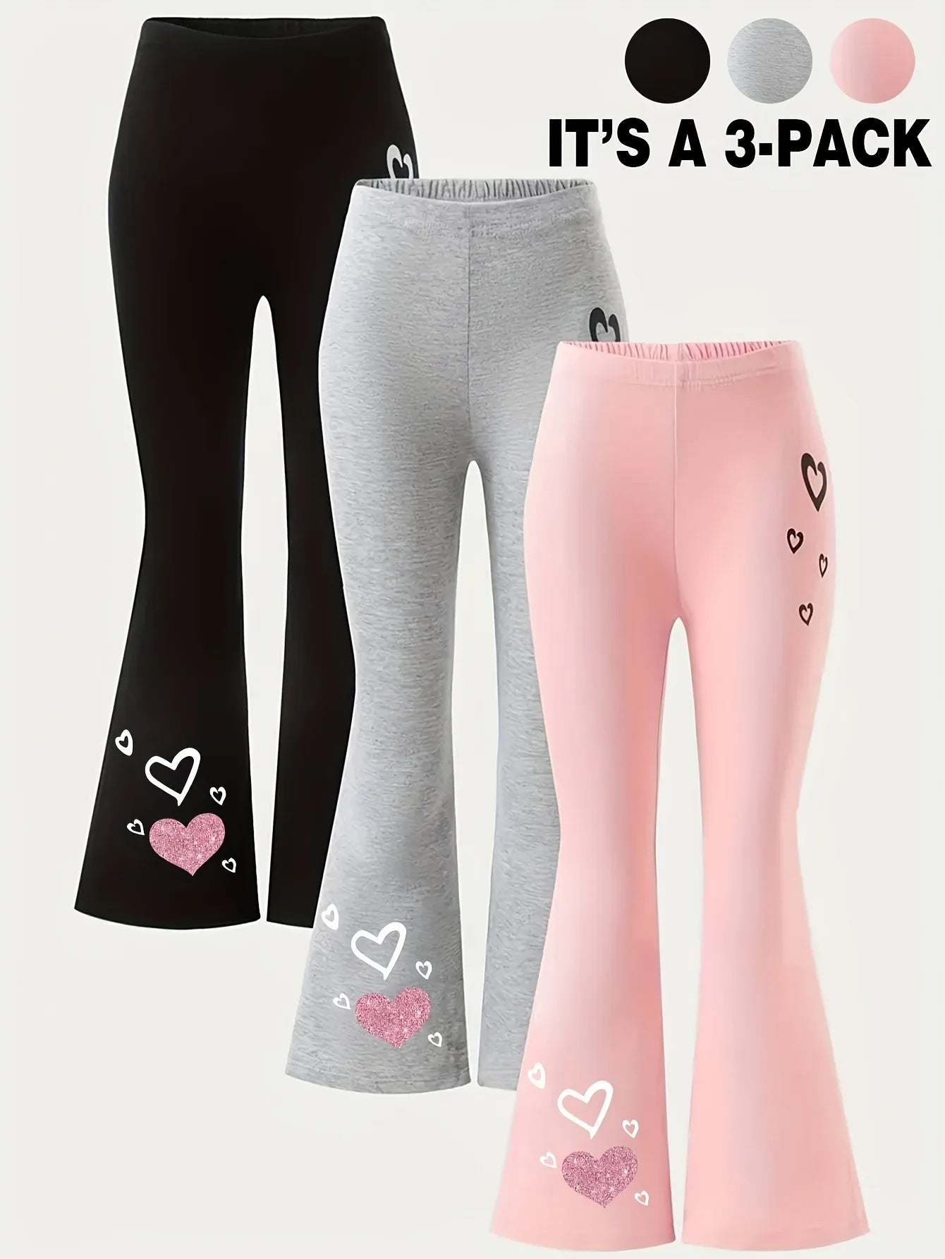 Kids Girls 3 Pack Glitter Heart Print Elastic Waist Flare Pants Casual Daily School Wear Bell Bottoms