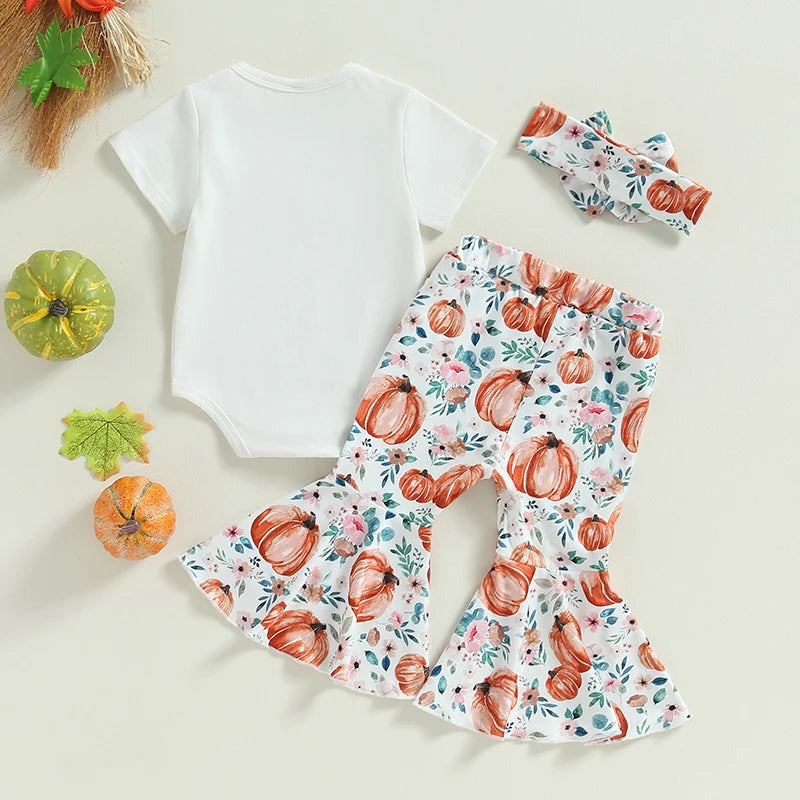 Citgeett Summer Halloween Infant Baby Girls Clothes Letter Print Short Sleeves Romper and Pumpkin Print Flare Pants Headband