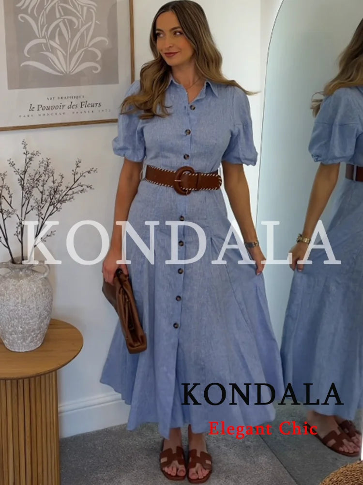 KONDALA Women Elegant Blue Trendy Long Dress Single Breasted Belt Dress New Fashion 2026 Spring Summer Holiday Beach Lady Dress