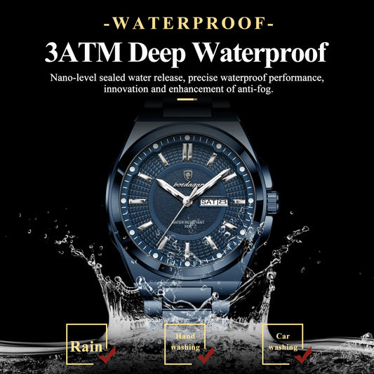 POEDAGAR Sport Original Men Clock Quartz Date Week Luxury Man Wristwatch Waterproof Luminous Stainless Steel Men's Watches Reloj