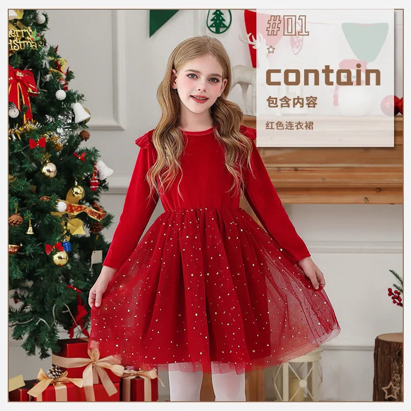 2025 Ruffle Style Long-sleeved Stars Mesh Spliced Dress Princess Christmas Party Performance Clothes Children's Winter Clothing