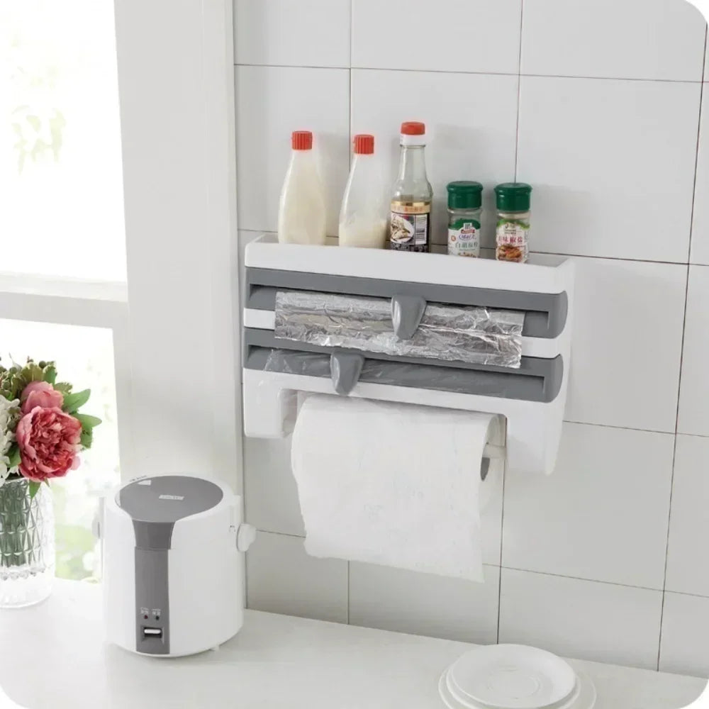 Cling Wrap Dispenser with Storage Rack Plastic Cutter Wall Hanging Paper Towel Holder Kitchen Organizer