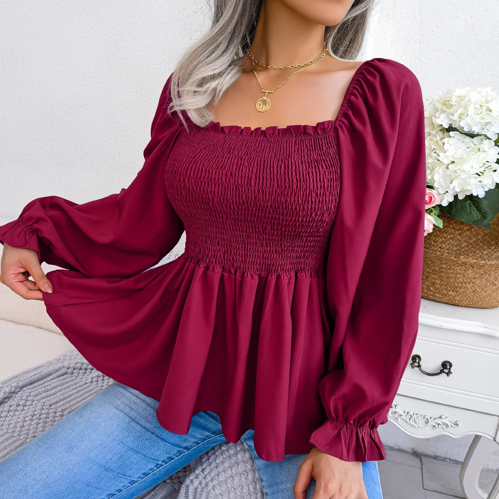 Women Chiffon Blouse 2026 Casual Solid Color Long Sleeve Ruffles Peplum Top White Red Green Blue Black Woman Clothes