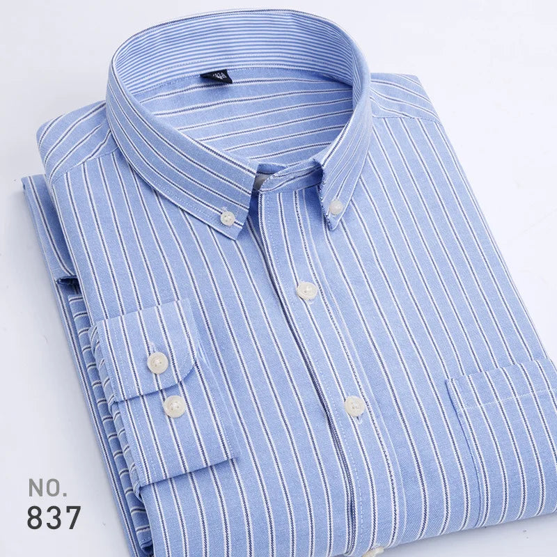Mens Striped Plaid Oxford Spinning Casual Long Sleeve Shirt Comfortable Breathable Collar Button Design Slim Male Business Dress