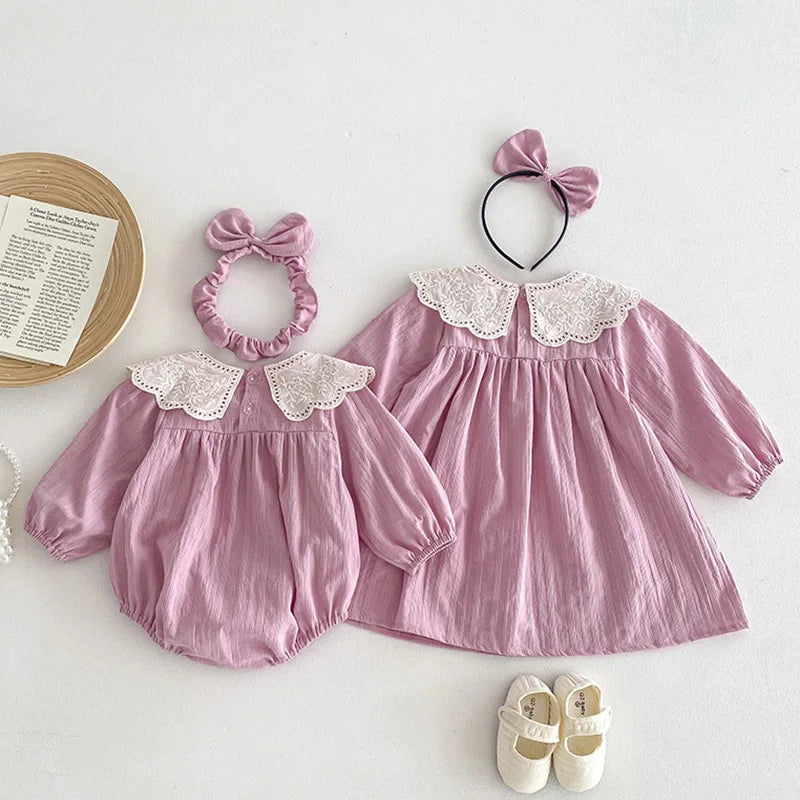 2025 New Autumn 1-5Yrs Girl Party Dress Baby Girl Romper Long Sleeved Cotton Splicing Kids Princess Dresses Sister Clothes
