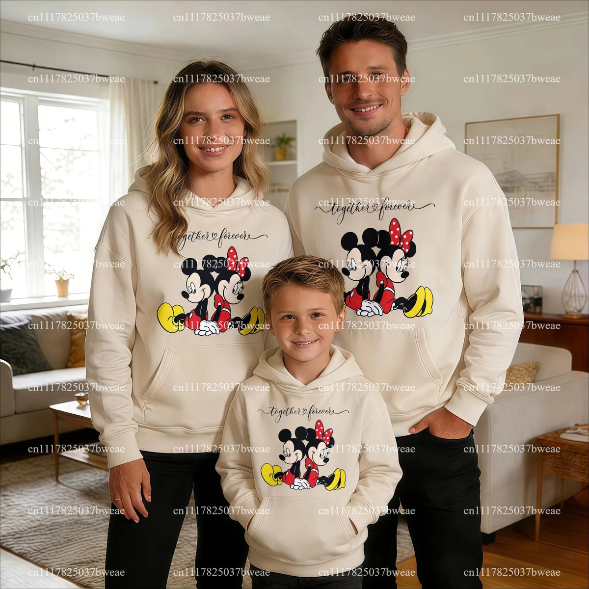 Cartoon Couple Print Family Matching Hoodies Mom Dad Me Parent-child Sweatshirt Together Forever Letter Pullover Family Outfit