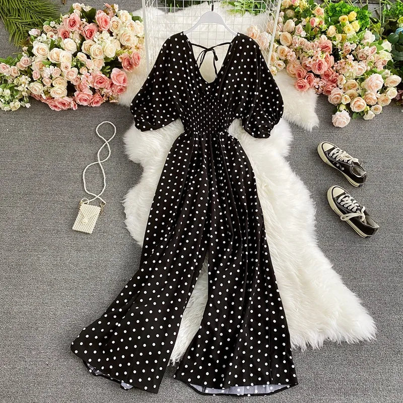 Women Wide Leg Trousers Jumpsuit V Neck Sexy Dolman Sleeves Waist Slim Polka Dot Print Jumpsuit