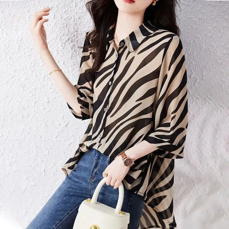 Summer Chiffon Shirt Three-quarters Sleeve Striped Retro Blouse Women Sunwear for Women Zebra Print Loose Shirt Large Size Tops