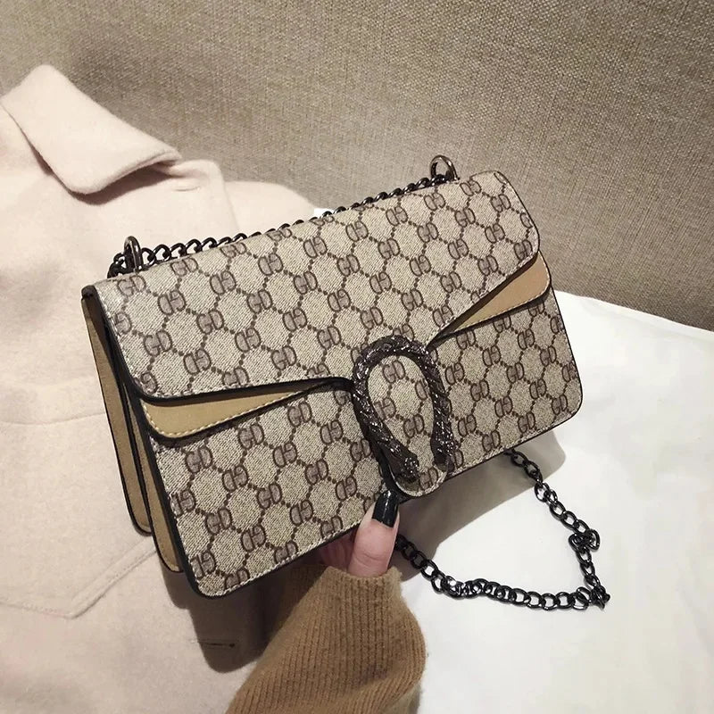 Fashionable Mini Printed Chain Women's Bag Crossbody Shoulder Bag Soft PU Leather Square Shape Bag with Phone Pocket