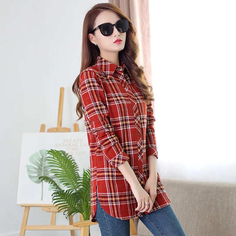 2025Autumn New Arrival Ladies Long Tops Flannel Plaid Shirt Women Long Sleeve Casual Cotton Shirt Elegant Female Check Clothes