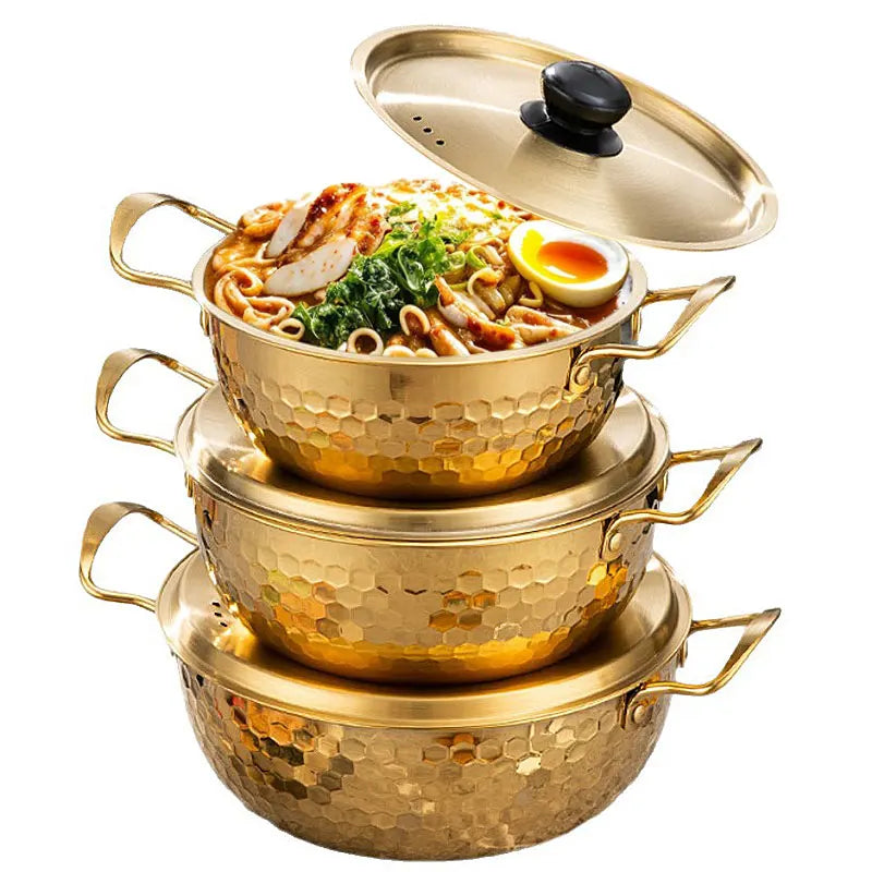 3 Pcs Stainless Steel Cooking Pot Set Korea Ramen Pot Saucepan with Lid Dishwasher Safe hammer printing pot for Soup Hotpot