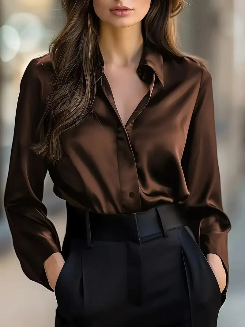 Elegant Black Satin Long Sleeve Blouse for Women  Button-Up Collar Shirt Perfect for Casual or Professional Wear