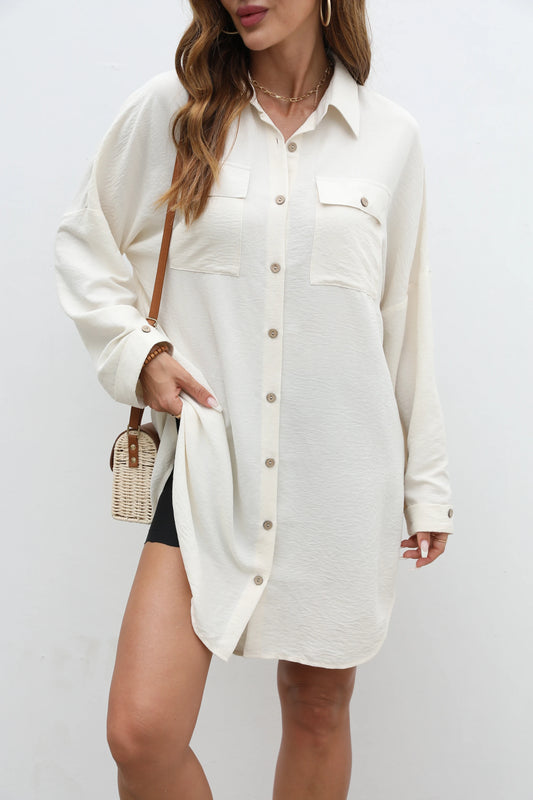 Creamy White Women's Loose Tie-Front Shirt, Long Sleeve Button-Down Top with Pockets