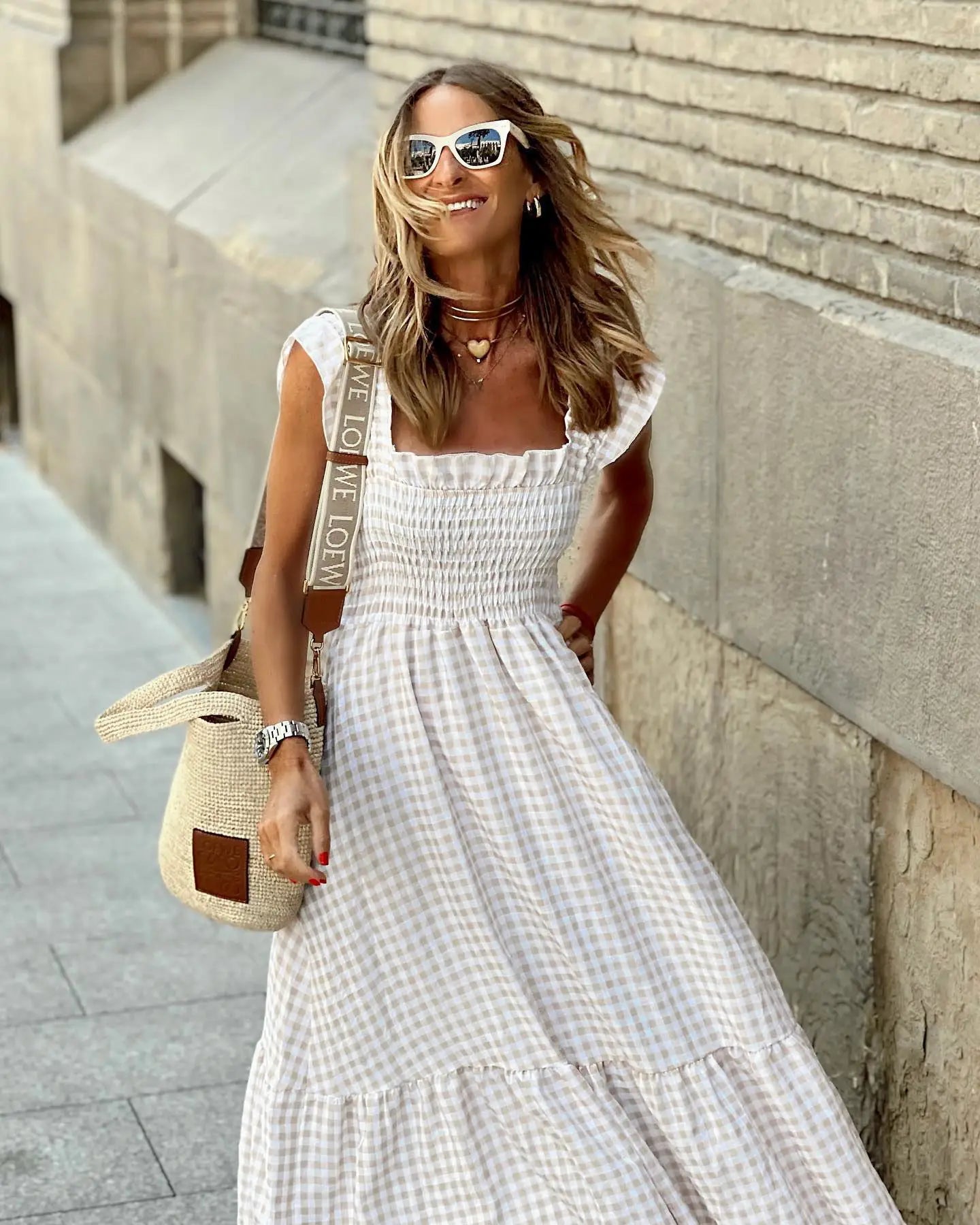 2026 Summer European and American Women’s Retro Plaid Sleeveless Ruched Dress with Thin Straps and Ruffle Long Dress