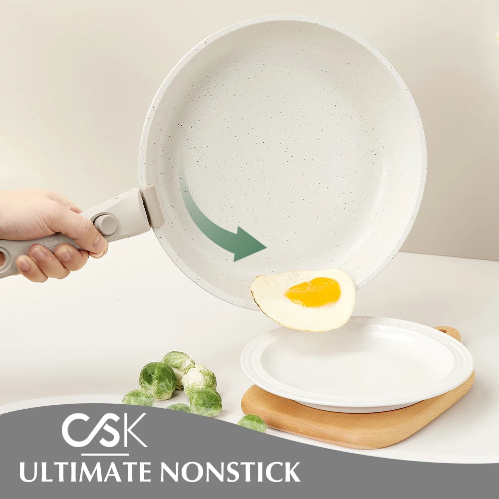 17 Piece Nonstick Skillet and Saucepan Set with Silicone Lid and Utensils Induction, Detachable Handle, Oven Available, Beige