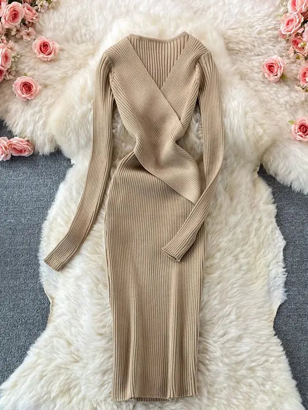 YuooMuoo Autumn Winter 2025 Women Dress Elegant Cross V-neck Slim Waist Knitted Bodycon Dress Korean Office Lady Vestidos