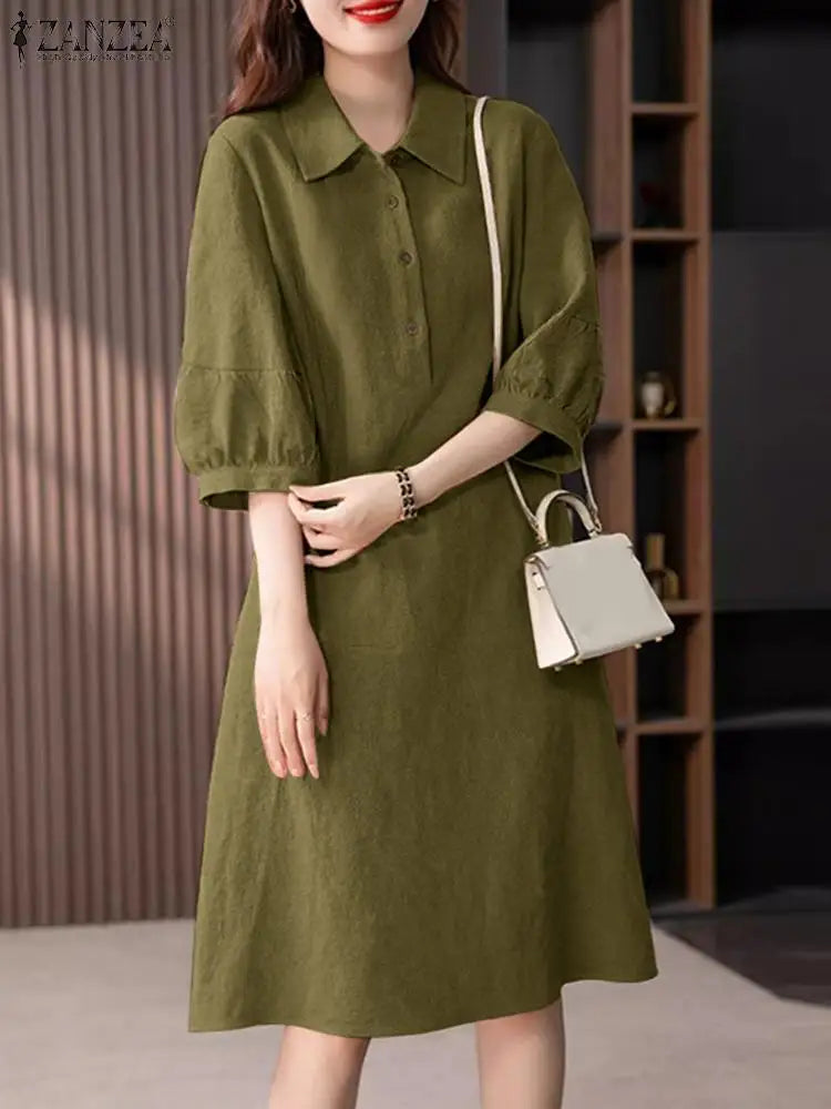 Women Cotton Shirt Dress 2024 Summer Lapel Neck Dresses Korean Office 3/4 Sleeve Midi Vestidos Elegant Solid Buttons Robe