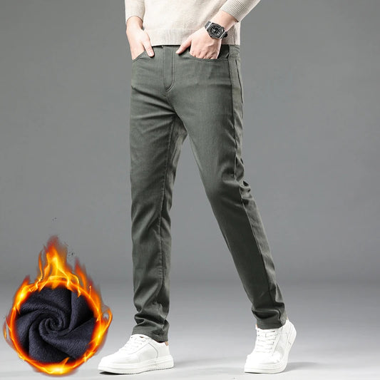 Winter New 2025 Fleece Pants Men's Thick Slim Elastic Business Casual Velvet Pants Warm Fashion Solid Color Plush Trousers Male