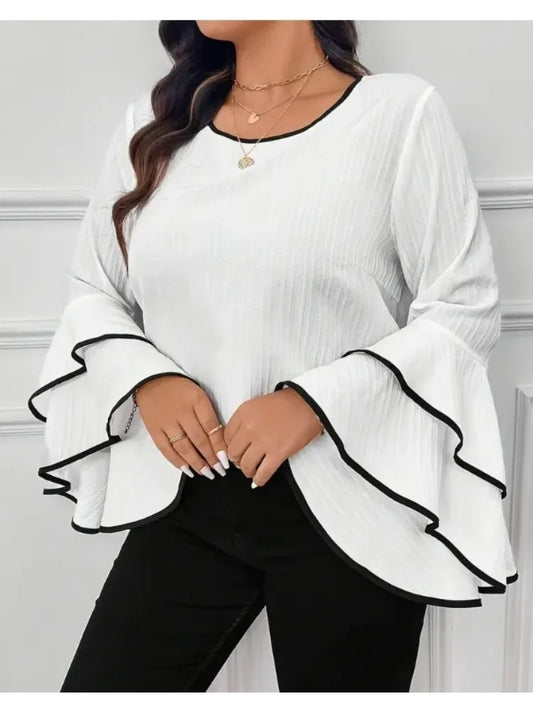 Women's Large Size T-shirt 2025 Spring/summer New Relaxed Casual Solid Color Crew-neck Flared Long-sleeved Top