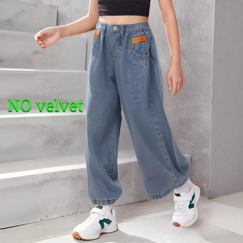 Girl's Pants Fleece Jeans New Autumn Winter Clothes for Baby Girls Casual Stylish Fleece Outer Wear Flared Trousers Loungewear