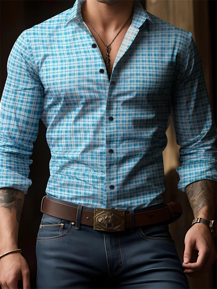 Men's New Spring And Autumn Button Down Shirt Check Print Long Sleeve Luxury Shirt Flip Lapel Oversized Outdoor Street Shot Tops