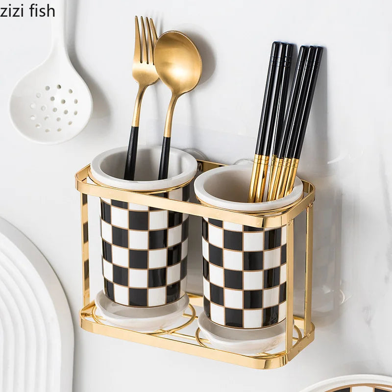 Checkerboard Ceramic Chopsticks Holder Drain Rack Chopsticks Basket Chopsticks Box Cutlery Box Storage Rack Wall-mounted Shelf