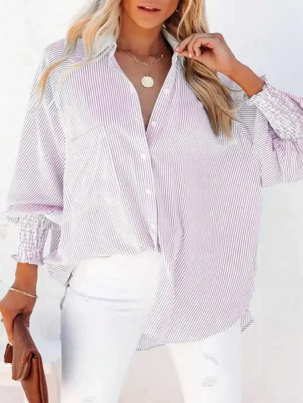 Plus Size 1XL-5XL Women's Casual Striped Breathable Blouse Shirt Ladies Fashion V-neck Button-down Long Sleeve Loose Shirt Top