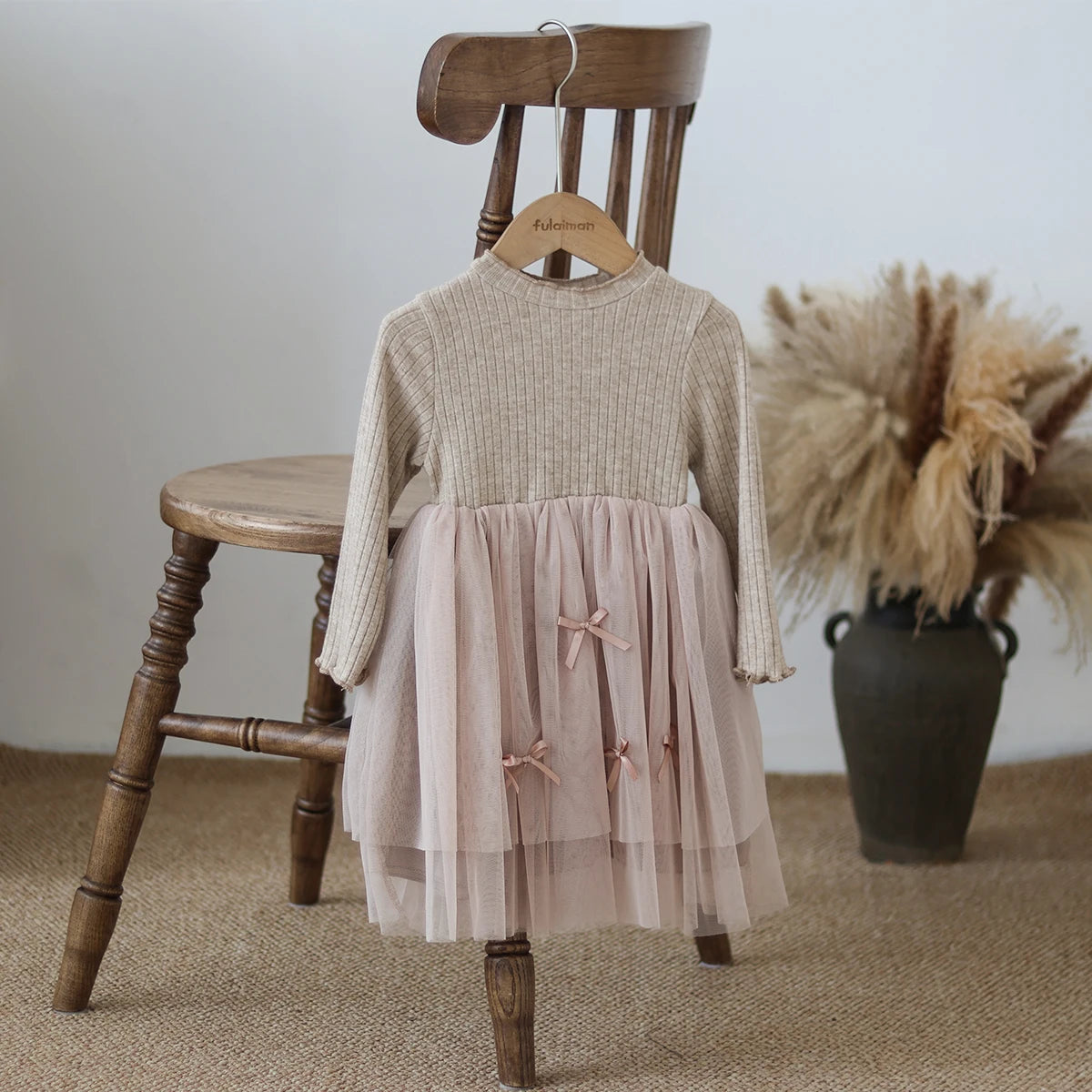 Autumn and Winter Fashion Toddler Girls Long Sleeve Mesh dress Pit Strip Ear Edge Bow Mesh Autumn and Winter dress Princess Gift