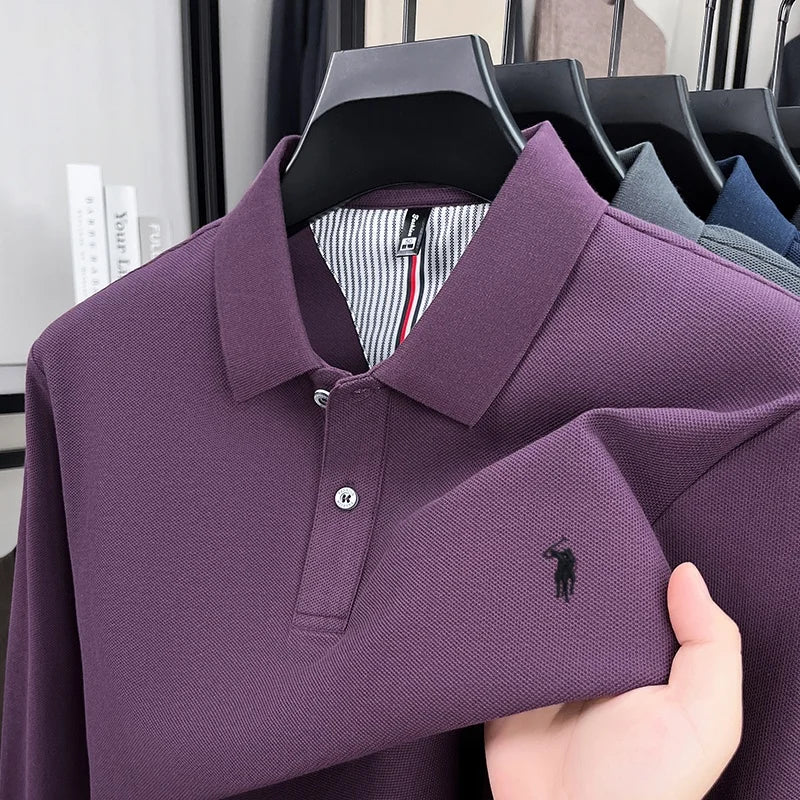 100% pure cotton autumn and winter men's fashion sports brand embroidered pony long sleeved POLO shirt business casual T-shirt