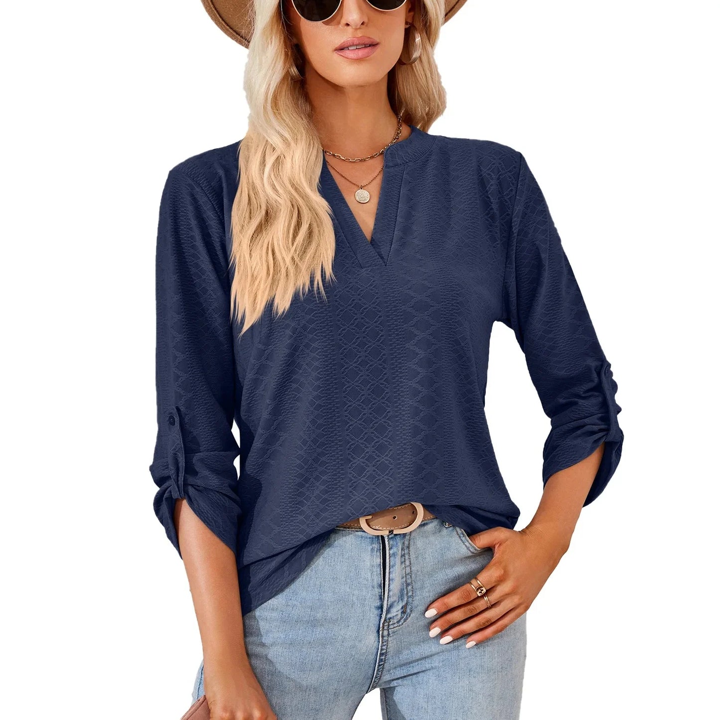 Loose Button-Up V-Neck Seven-Sleeve T-Shirt Women's Autumn Winter New Style Pure Color Casual Top Comfortable Silk Material