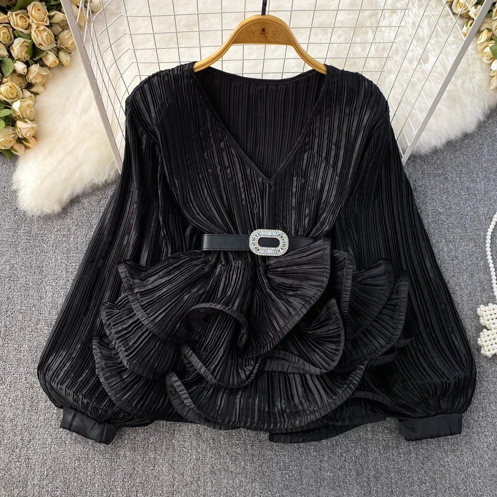 2026 Blusas Mujer De Moda Temperament Blouses Women Lantern Sleeve V-neck Slim Waist Shirts Folds Ruffles Vintage Blouse Tops