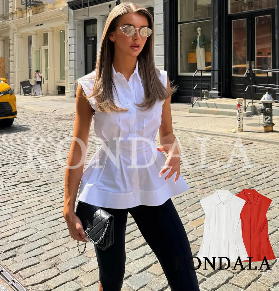 KONDALA Casual High Street Sleeveless Shirts Women Trendy Pleated Hem Shirts New 2026 Spring Summer Fashion Commute Vest Shirts
